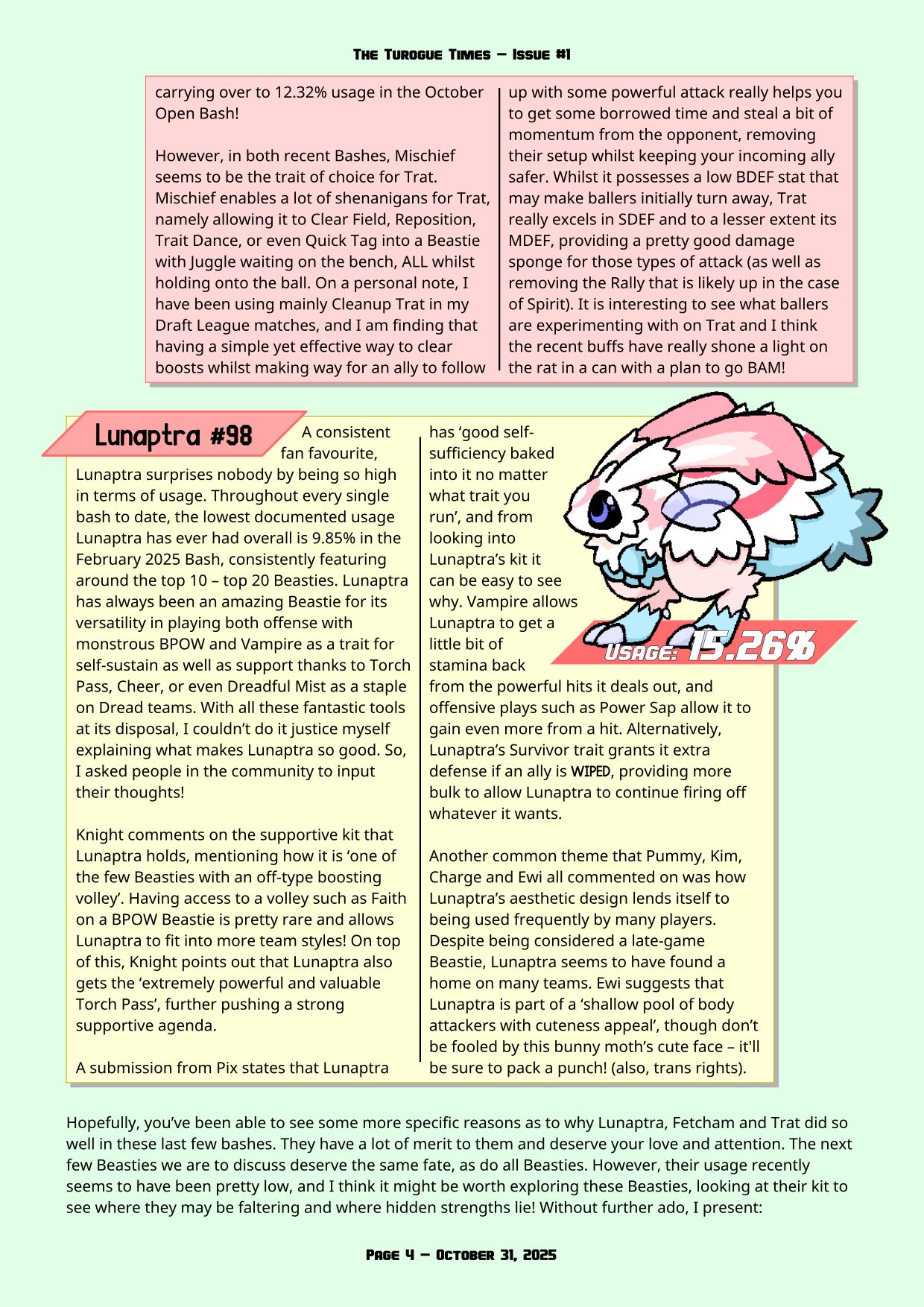 Page 4 of the Turogue Times, a Beastieball newsletter. This page is the Captain's Log, summarizing Beastie usage stats from the October Bigmoon Bash. For a more screen reader friendly format, please see the PDF download above.